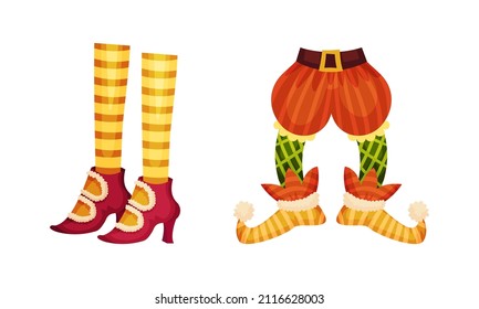 Christmas elf, gnome or leprechaun legs with funny socks and boots set. Xmas holiday decor elements vector illustration
