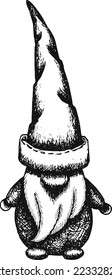 Christmas elf or gnome. Vector hand drawing, illustration of a little bearded man in a big cap. Festive New Year's gnome