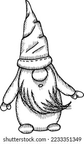 Christmas elf or gnome. Vector hand drawing, illustration of a little bearded man in a big cap