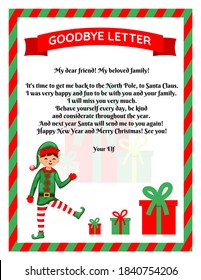 Christmas elf goodbye letter with christmas gift. Flat vector illustration.