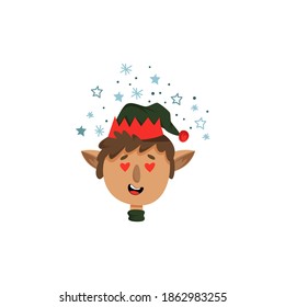 Christmas Elf Сharacter in Green Hat Expressing Love Emotion Vector Illustration. Funny Dwarf Face Avatar Concept