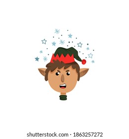 Christmas Elf Сharacter in Green Hat Expressing Emotion Vector Illustration. Funny Dwarf Face Avatar Concept