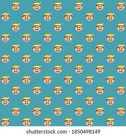 Christmas elf with green hat moustache brown face on blue background repeat pattern