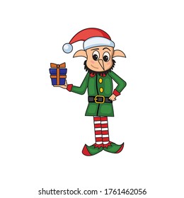 Christmas elf in green and red clothes and striped stockings. Vector illustration on a white isolated background in a flat style.