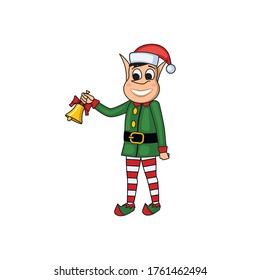 Christmas elf in green and red clothes and striped stockings. Vector illustration on a white isolated background in a flat style.