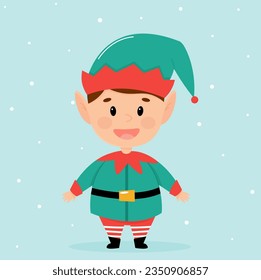 Christmas elf in a green suit on a blue background