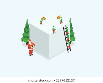 Christmas Elf Group Cartoon Character Santa Helper With Present Box isometric 3d vector illustration concept for banner, website, landing page, flyer, greeting card, etc