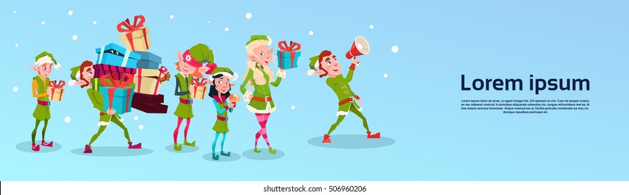 Christmas Elf Group Cartoon Character Santa Helper With Present Box Stack Flat Vector Illustration