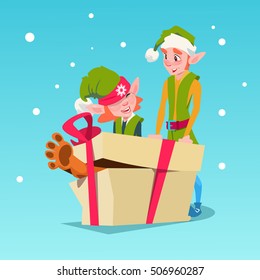 Christmas Elf Group Cartoon Character Santa Helper With Big Present Box Flat Vector Illustration
