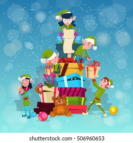 Christmas Elf Group Cartoon Character Santa Helper With Present Box Stack Flat Vector Illustration