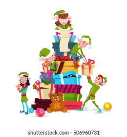 Christmas Elf Group Cartoon Character Santa Helper With Present Box Stack Flat Vector Illustration