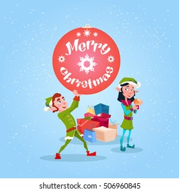 Christmas Elf Group Cartoon Character Santa Helper Hold New Year Decoration Ball Present Box Flat Vector Illustration