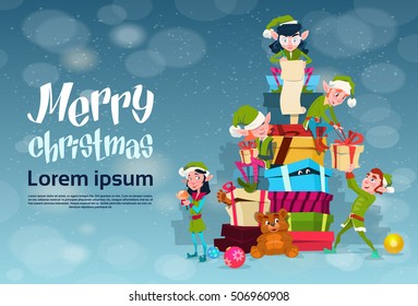 Christmas Elf Group Cartoon Character Santa Helper With Present Box Stack Flat Vector Illustration