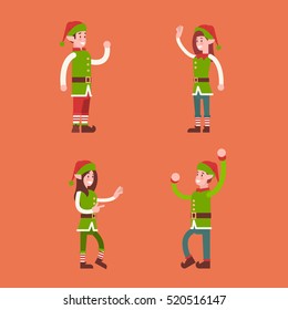 Christmas Elf Group Cartoon Character Santa Helper Set Flat Vector Illustration