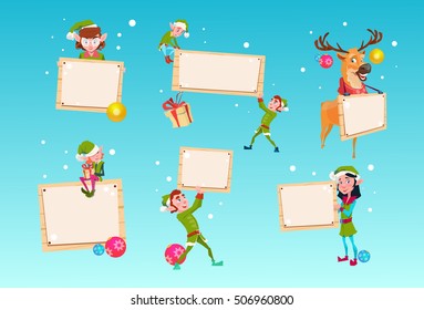 Christmas Elf Group Reindeer Cartoon Character Santa Helper Hold Empty Sign Board Banner Set Flat Vector Illustration