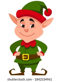 Christmas elf with hands on his belt. Smiling character in cartoon style.