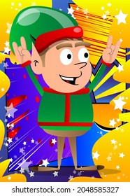 Christmas Elf with hands in rocker pose. Vector cartoon character illustration of Santa Claus's little worker, helper.