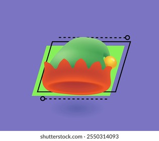 Christmas elf hat 3D illustration. Red and green three-dimensional hat with golden bell vector on abstract background. Christmas, winter holidays, decoration concept