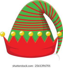 Christmas elf hat featuring vibrant red and green stripes, adorned with golden bells, adding a whimsical and festive touch to holiday celebrations filled with joy and cheer