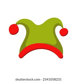 Christmas elf hat in flat design. Red and green jester cap with pom-poms. Vector illustration isolated.