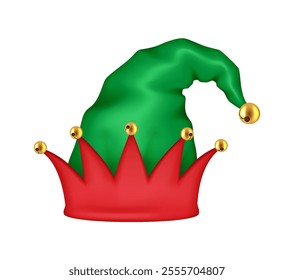 Christmas elf hat with golden bells realistic vector illustration. Funny cap capturing essence of holiday spirit 3d object on white background