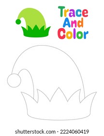 Christmas elf hat tracing worksheet for kids