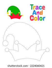 Christmas elf hat tracing worksheet for kids