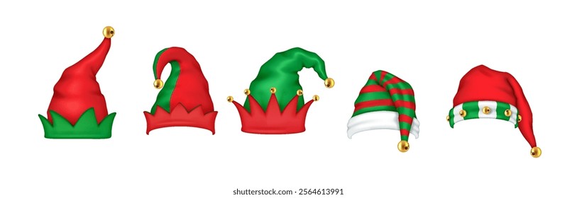 Christmas elf hats with bells and pointy tips realistic color icons set. Cheerful holiday atmosphere 3d objects bundle on white background