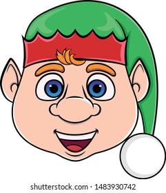 Christmas elf head in a green hat. cartoon smiling christmas character. santa claus helper.
isolated vector on white background