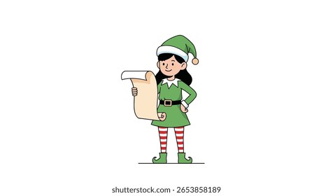 Christmas elf helper checking list of toys for santa claus at north pole workshop