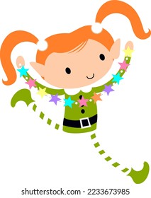 Christmas Elf helping with holiday decorations. Cute cartoon holiday elves on a vector illustration