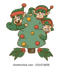 Christmas elf hiding behind christmas tree
