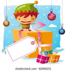 Christmas - Elf and his gifts with a big tag