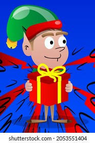 Christmas Elf holding big gift box. Vector cartoon character illustration of Santa Claus's little worker, helper.