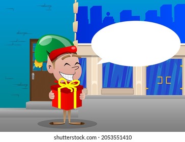 Christmas Elf holding big gift box. Vector cartoon character illustration of Santa Claus's little worker, helper.