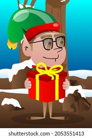 Christmas Elf holding big gift box. Vector cartoon character illustration of Santa Claus's little worker, helper.