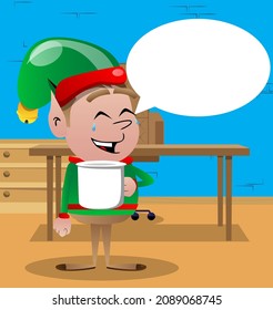 Christmas Elf holding big mug. Vector cartoon character illustration of Santa Claus's little worker, helper.