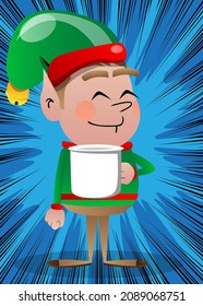 Christmas Elf holding big mug. Vector cartoon character illustration of Santa Claus's little worker, helper.