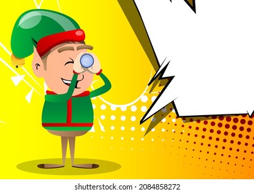Christmas Elf holding binoculars in his hands. Vector cartoon character illustration of Santa Claus's little worker, helper.