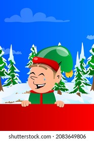 Christmas Elf holding blank empty sign. Vector cartoon character illustration of Santa Claus's little worker, helper.