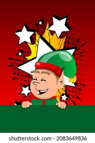 Christmas Elf holding blank empty sign. Vector cartoon character illustration of Santa Claus's little worker, helper.