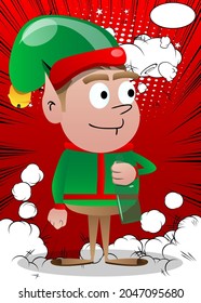 Elf de Navidad sosteniendo una botella. Dibujo vectorial del pequeño trabajador de Santa Claus, ayudante.
