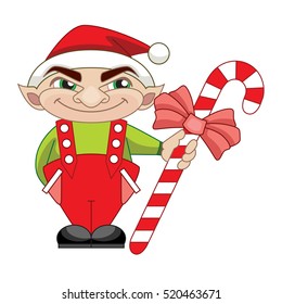 A Christmas elf holding a Candy Cane on white background. Vector illustration.