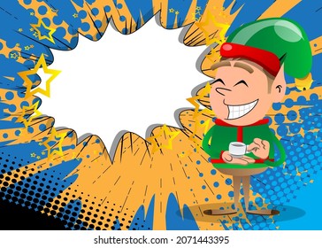 Christmas Elf holding a cup of coffee. Vector cartoon character illustration of Santa Claus's little worker, helper.