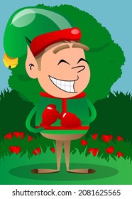 Christmas Elf holding his fists in front of him ready to fight wearing boxing gloves. Vector cartoon character illustration of Santa Claus's little worker, helper.