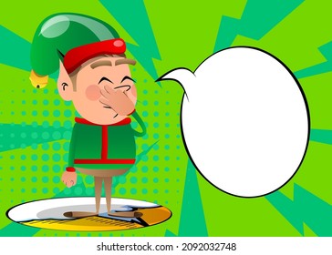 Christmas Elf Holding His Nose Because Of A Bad Smell. Vector Cartoon Character Illustration Of Santa Claus's Little Worker, Helper.