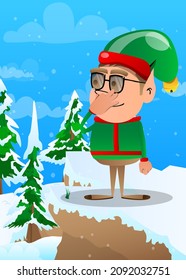 Christmas Elf Holding His Nose Because Of A Bad Smell. Vector Cartoon Character Illustration Of Santa Claus's Little Worker, Helper.