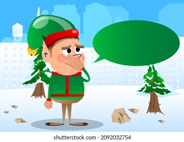 Christmas Elf Holding His Nose Because Of A Bad Smell. Vector Cartoon Character Illustration Of Santa Claus's Little Worker, Helper.