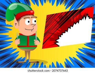 Christmas Elf holding up a knife and fork. Vector cartoon character illustration of Santa Claus's little worker, helper.