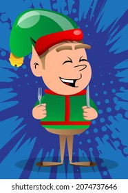 Christmas Elf holding up a knife and fork. Vector cartoon character illustration of Santa Claus's little worker, helper.